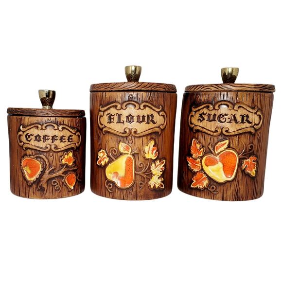 Barrel by Treasure Craft Canister Set Lids VINTAGE 1950'S 6pc Woodgrain Fruit - Picture 1 of 12